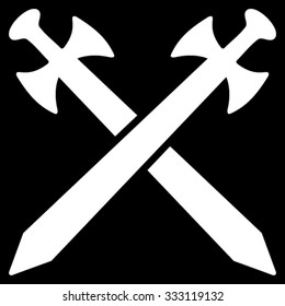 Medieval Swords vector icon. Style is flat symbol, white color, rounded angles, black background.