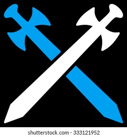 Medieval Swords vector icon. Style is bicolor flat symbol, blue and white colors, rounded angles, black background.