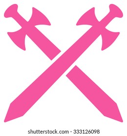 Medieval Swords vector icon. Style is flat symbol, pink color, rounded angles, white background.