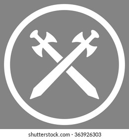 Medieval Swords vector icon. Style is flat circled symbol, white color, rounded angles, gray background.