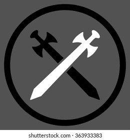 Medieval Swords vector icon. Style is bicolor flat circled symbol, black and white colors, rounded angles, gray background.