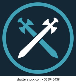 Medieval Swords vector icon. Style is bicolor flat circled symbol, blue and white colors, rounded angles, dark blue background.