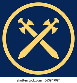 Medieval Swords vector icon. Style is flat circled symbol, yellow color, rounded angles, blue background.