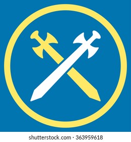 Medieval Swords vector icon. Style is bicolor flat circled symbol, yellow and white colors, rounded angles, blue background.
