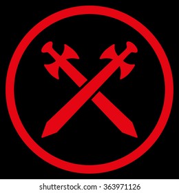 Medieval Swords vector icon. Style is flat circled symbol, red color, rounded angles, black background.