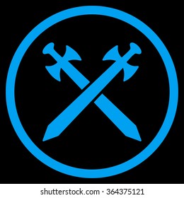 Medieval Swords vector icon. Style is flat circled symbol, blue color, rounded angles, black background.