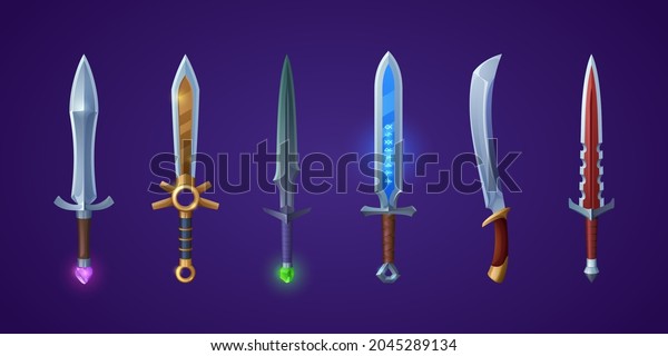 Medieval swords, weapons of\
knight, king or warrior with magic runes and gems in handle. Vector\
cartoon set of fantasy dagger, knife and longsword for game\
interface