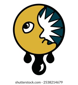 Símbolo medieval com lua e estrela. Emblema decorativo abstrato da lua crescente com rosto triste pensativo. Sinal astrológico, elemento de design isolado no estilo antigo vintage. Ilustração vetorial