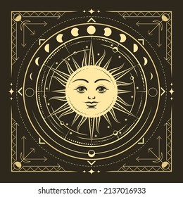Medieval Symbol of Sun with Phases of Moon and Planents isolated on Black Background. Vector illustration.