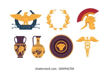 Medieval symbols of Ancient Roman Empire. Set of Eagle blazon, laurel wreath, galea helmet, amphora vases, plate and caduceus. Objects from Rome. Flat vector illustration isolated on white background
