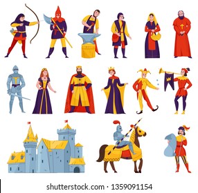 Medieval tales characters flat set with archer blacksmith king queen horn blower bishop warrior knight castle vector illustration