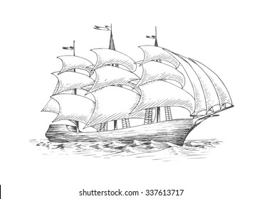 Medieval tall sailing ship on the ocean with full fluttering sails n the breeze, for nautical, adventure or journey theme