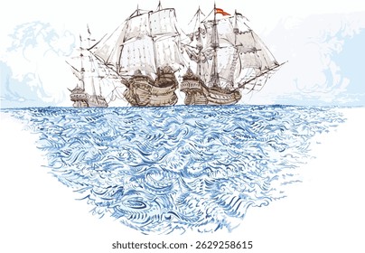 Medieval tall ships gather on stormy waters, freehand drawn illustration