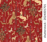Medieval tapestry seamless repeat vector pattern. Surface design for fabric, wallpaper, wrapping paper, scrapbooking, invitation cards. Beige lion, white unicorn, green tree on purple, red background.