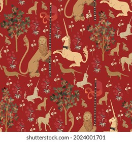 Medieval tapestry seamless repeat vector pattern. Surface design for fabric, wallpaper, wrapping paper, scrapbooking, invitation cards. Beige lion, white unicorn, green tree on purple, red background.