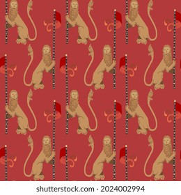 Medieval tapestry seamless repeat vector pattern. Surface design for fabric, wallpaper, wrapping paper, scrapbooking, invitation cards. Beige lion on purple red color background.