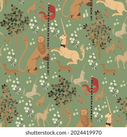 Medieval tapestry seamless repeat vector pattern. Surface design for fabric, wallpaper, wrapping paper, scrapbooking, invitation cards. Beige lion, white unicorn and tree on sage green background.