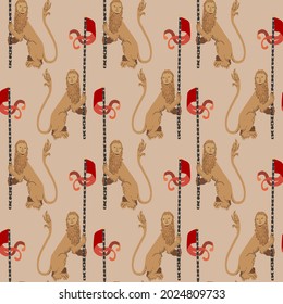 Medieval tapestry seamless repeat vector pattern. Surface design for fabric, wallpaper, wrapping paper, scrapbooking, invitation cards. Beige lion on pale pink, cream color background.
