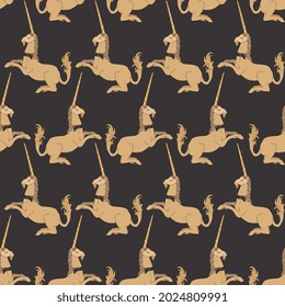 Medieval tapestry seamless repeat vector pattern. Surface design for fabric, wallpaper, wrapping paper, scrapbooking, invitation cards. White, cream unicorn on dark, black background.