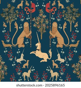 Medieval tapestry seamless repeat vector pattern. Surface design for fabric, wallpaper, wrapping paper, scrapbooking, invitation cards. Beige lion, white unicorn and green tree on dark blue background