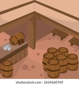 Medieval tavern with barrels. Vector illustration