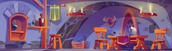 Medieval tavern in castle dungeon, ancient bar interior with candle lamps, wooden furniture and stuff. Table, chairs and shelf with bottles, middle ages game background, Cartoon vector illustration