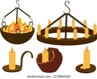 Medieval tavern interior fire stands and coasters collection vector illustration