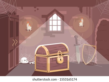Medieval themed escape room flat vector illustration. Quest room interior with chest, sword and shield. Searching solution, mystery investigation, solving puzzle. Treasure hunt, logic game