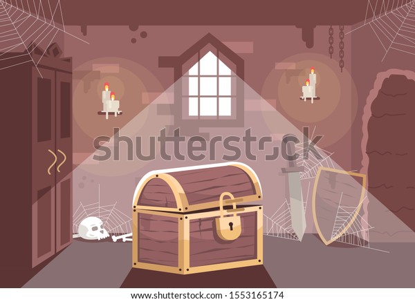 Medieval themed escape room flat vector illustration. Quest room