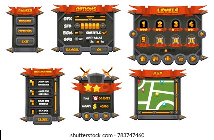 Medieval themed user interface buttons, icons, windows, and elements with stone appearance for creating fantasy video games