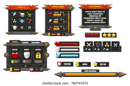 Medieval themed user interface buttons, icons, windows, and elements with stone appearance for creating fantasy video games