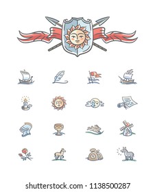 Medieval Themed Vector Icon Set Inspired by Middle Ages. Miniature hand-drawn vector illustrations with a traditional historical feel. Ship quill flags windmill rose knight armor candle icons.