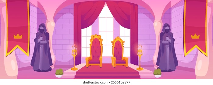 Medieval throne room. Royal Palace. Castle with statue of knight with sword. Golden throne, pedestal, red canopy, candles and columns. Fantasy horizontal banner. Cartoon style. Vector illustration.