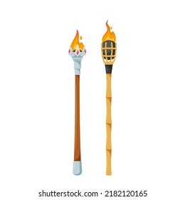 Medieval or Tiki Torches, Game Assets, Ancient Lantern With Burning Fire And Wooden or Bamboo Handle. Flaming Flambeau Of Achievement, Triumph, Torching Flame. Isolated Objects, Cartoon Vector Icons