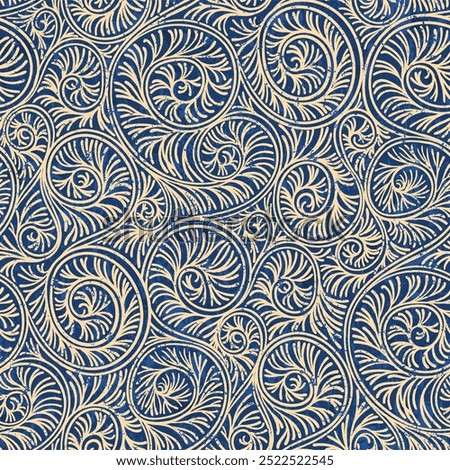 Medieval times pattern inspired by gothic paintings. Vector seamless background with swirls and curls in blue and gold colors