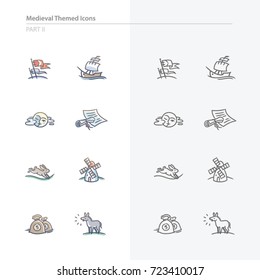 Medieval Times Themed Vector Icon Set Inspired by Middle Ages and Fairy Tales. Quirky miniature hand-drawn vector illustrations with a traditional olden day feel. Fixed line weight.