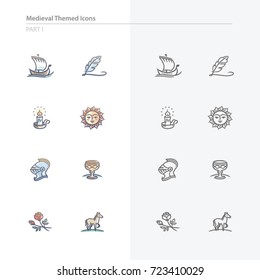 Medieval Times Themed Vector Icon Set Inspired by Middle Ages and Fairy Tales. Original miniature hand-drawn vector illustrations with a traditional historical feel. Fixed line weight.
