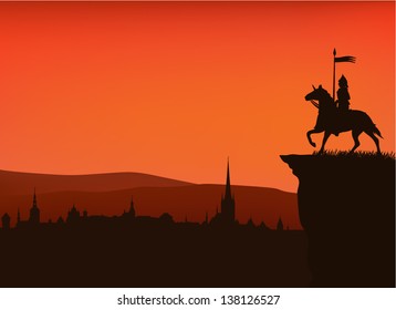 medieval times town sunset silhouette with a knight on the cliff