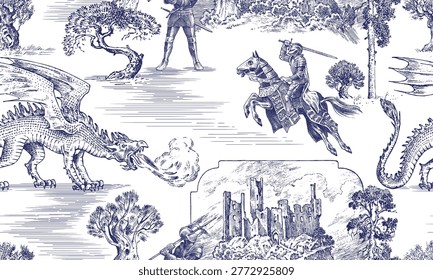 Medieval toile de jouy seamless pattern with Dragon and Knights armoured and horseback in front of castles with old trees and pines. England and Scotland inspired hand drawn engraving with hatching.