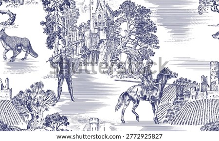 Medieval toile de jouy seamless pattern with Knights armoured and horseback in front of castles and forest with old trees and pines. England and Scotland inspired hand drawn engraving with hatching.