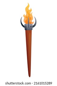 Medieval torch with burning fire. Ancient realistic wooden torch with flame. Cartoon game element vector illustration
