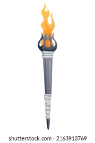 Medieval torch with burning fire. Ancient realistic metal torch with flame. Cartoon game element vector illustration