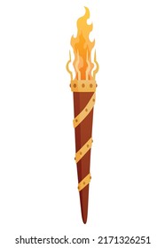 Medieval torch with burning fire. Ancient realistic wooden torch with flame. Cartoon game element vector illustration