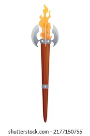 Medieval torch with burning fire. Ancient realistic wooden torch with flame. Cartoon game element vector illustration