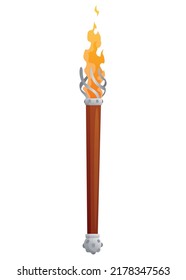 Mittelalterliche Fackel mit brennendem Feuer. Alte, realistische Holztaschenlampe mit Flammen. Cartoon-Game-Element, Vektorgrafik