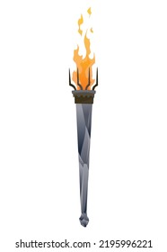 Medieval torch with burning fire. Ancient realistic metal torch with flame. Cartoon game element vector illustration