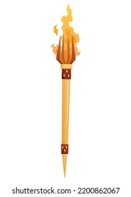 Medieval torch with burning fire. Ancient realistic wooden torch with flame. Cartoon game element vector illustration