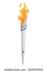 Medieval torch with burning fire. Ancient realistic metal torch with flame. Cartoon game element vector illustration