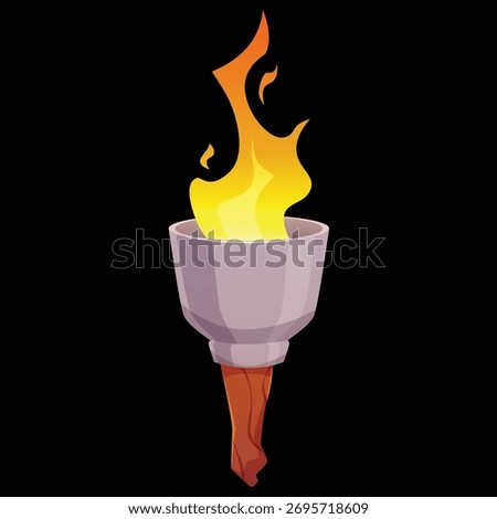 Medieval torch with burning fire. Cartoon vector ancient handle flambeau fire stone and wooden stick, Old history torchlight lantern for game on black background. Sport game victory symbol