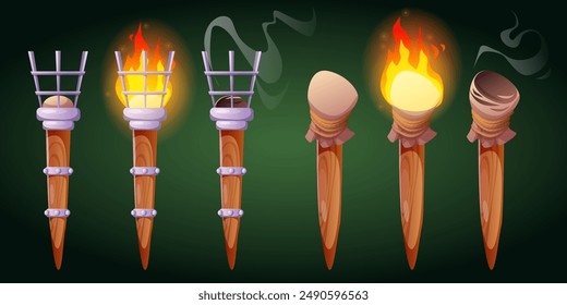 Medieval torch with fire isolated ancient game icon. Flame on wood stick illustration set. Burn and faded hawaiian flambeau with smoke design collection. Ceremony kit for freedom or victory event